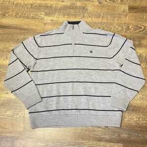 346 Brooks Brothers Sweater Men’s XXL 2XL Gray Blue Stripe 1/4 Zip Merino Wool